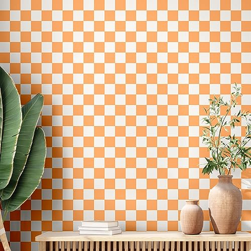 Drydiet Orange Checkered Peel and Stick Wallpaper Gingham Plaid Funky Checkered Contact Paper Waterproof Vintage Wallpaper Checkerboard Decor for Bathroom Cabinet(15.75'' x 197)