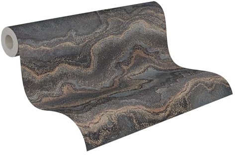 Livingwalls Tapete 396594 mit Marmoroptik - hochwertige Design Tapete Marmor in Schwarz, Grau, Braun - Wandtapete mit Glanzeffekt in Gold - 10,05m x 0,53m - Made in Germany