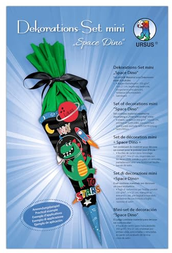 Ursus 990 00 05F - Dekorationsset mini Space Dino, 4 Bogen Bastelkarton 14 x 21 cm, zum Dekorieren einer Schultüte (Rohling nicht enthalten) beidseitig bedruckt, vorgestanzt, mit Satinband