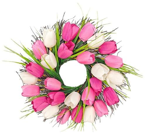 Tulpenkranz Tulpe Blumen Dekokranz Tulpenkranz Frühlingsdeko Türdeko Blumendeko Tulpen Türkranz Blumenkranz Deko Frühling Künstliche Blumen Haustür Deko Kranz Frühlingskranz (Hot Pink #9, One Size)
