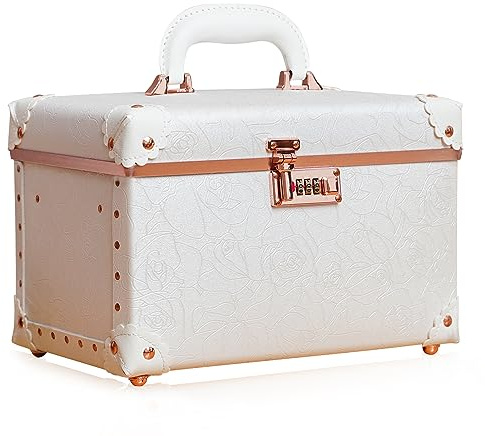 urecity Vintage Leder Kosmetikkoffer mit Spiegel - Hartschale Schminkkoffer für Damen, Reise Make-up Case mit Zahlenschloss & Großer Stauraum (Retro Design) (Rosa Weiß, Medium)