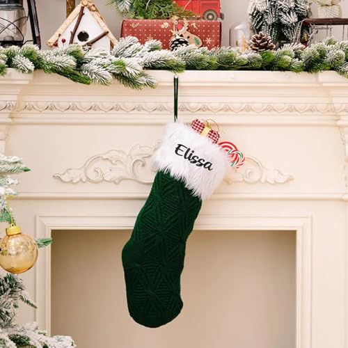 Weihnachtssocken, personalisierbar, gestrickt, Plüsch, mit Namen bestickt, personalisiertes Geschenk für Weihnachten, Kinder, Familienkamin, hängende Dekorationen und Süßigkeiten, 6 Stück (Grün, 6