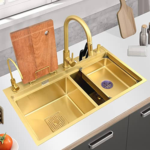 LaYiQimn Spülbecken Doppelspüle aus goldenem Nano-Edelstahl, Aufsatzspüle, Unterbauspüle für Spülmaschine, Antihaft-Öl, Spültisch-Wasserhahn-Set