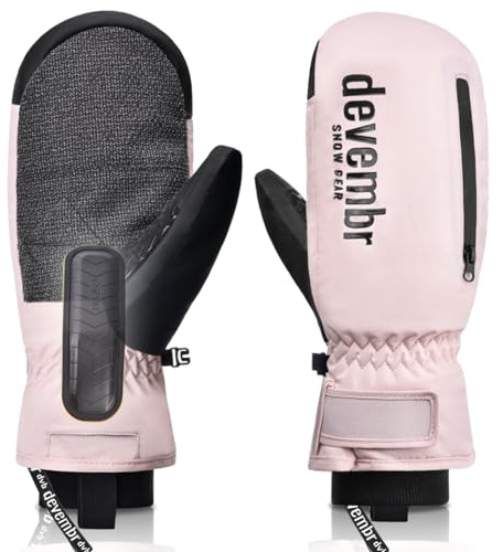 devembr Ski Mittens with Wrist Guards and Undercuff Design, Snowboard Mittens Touchscreen, Pink, L