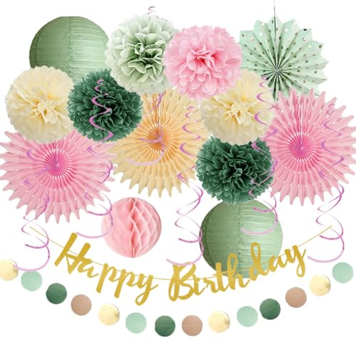 Geburtstagsdeko Salbeigrün Rosa Deko Geburtstag Salbei Rosa Beige Frauen Olivgrün Geburtstag Mädchen Deko Hellrosa Grün Papierfächer Pom Poms Kit mit Happy Birthday Banner Gold
