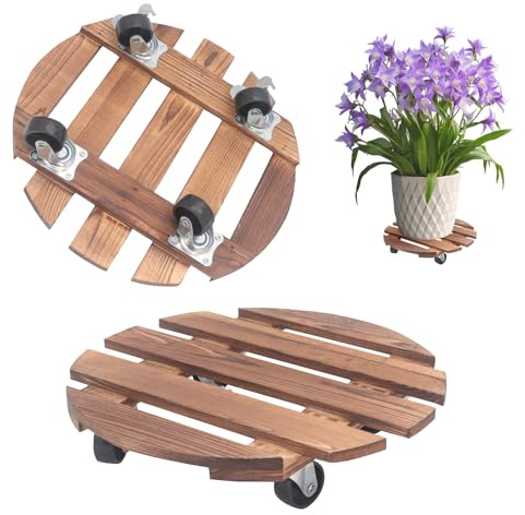 Beowanzk 2 Piece Solid Wood Planter Rack with Lockable 360° Wheels | Heavy Duty Swivel Planter Rack for Indoor/Outdoor Use | Rustic Decorative Planter Base (Natural Wood Finish)