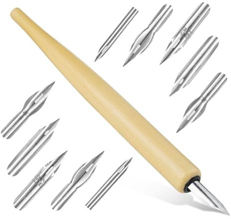 Amusingtao Federhalter Kalligraphie-Set, 1 Federhalter, 10 Federn, Kalligraphiestifte, Tauchstift, Füllfederhalter, Holzfarbe
