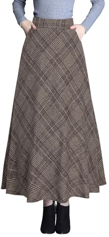Artykey Jupe Longue Femme Hiver Vintage Élégant Taille Haute Carreaux Maxi Jupe Laine A-Ligne Plissée Skirt Kaki XL