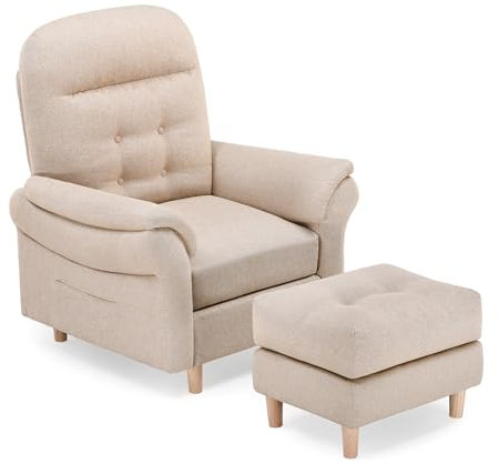 COMHOMA Relaxsessel Fernsehsessel mit Verstellbarer Rückenlehne 4-Gang-Verstellung bis 160°,Federkissen mit Hocker Einzelliege Sessel Wohnzimmer Schlafzimmer Heimkino Leinen, Beige