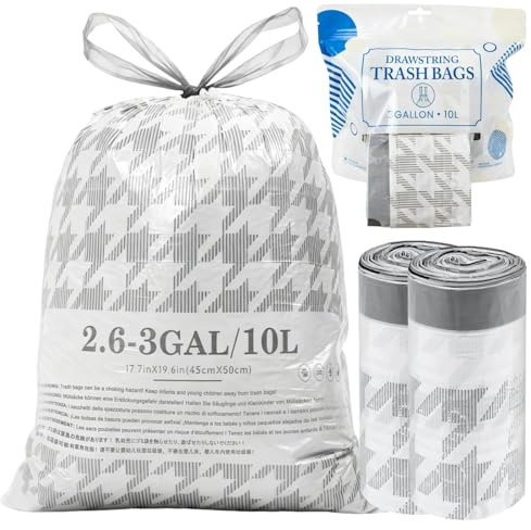 10L Bin Liners – Drawstring Small Bin Bags, 90 Bags White Food Waste Bags with Tie Handles, Strong & Leakproof Pedal Bin Liners for Bathroom, Kitchen & Bedroom (Size 10–15 Litre)