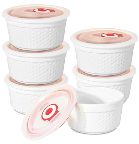Lot de 6 ramequins ronds en porcelaine pour crème brûlée et soufflé - Passe au four avec couvercles - Passe au lave-vaisselle et au four - 236,8 g - Blanc