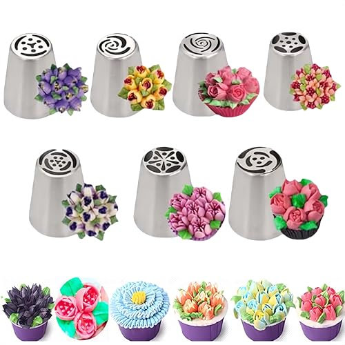 Extra Large Russian Piping Tips, Professional Cake Decorating Set, Stainless Steel Jumbo Rose & Floral Nozzles, for Buttercream Cupcakes, Desserts, DIY Flower (7PCS)