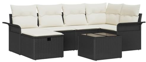 vidaXL 7 Delar Trädgårdsoff Set med Kuddar Svart Poly Rattan, vidaXL 2-sits Trädgårdsoff med Förvaring & Kuddar Svart Poly Rattan