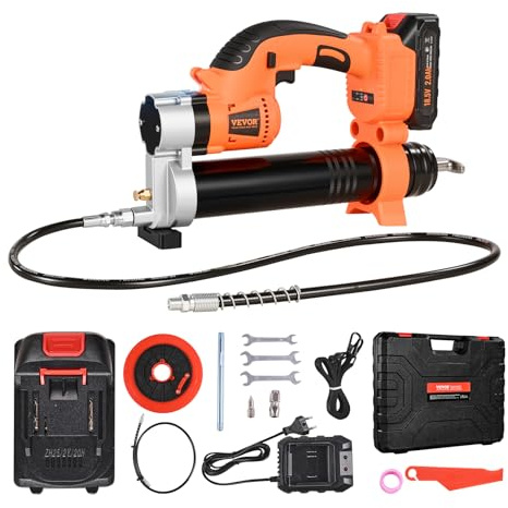 VEVOR Pistolet à Graisse Électrique sans Fil 20 V 55 MPa, avec Batterie 2,0 Ah, Éclairage LED, Long Tuyau, Étui de Transport, Déclencheur Vitesse Variable, pour Graissage de Véhicules ou de Machines