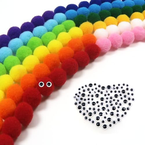 TOAOB 300 Stück Pompon 10 mm Bunte Pompons zum Basteln Flauschigen | mit Selbstklebend Wackelaugen, Bälle Kunst Bommel für Dekorieren, Verzieren Nähen DIY Lustige Kreativen Handwerk