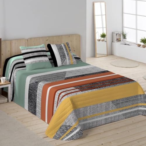 NATURALS - Colcha Bouti Estampada | Cama 150 (250x260 cm) | Microfibra Extrasuave | 2 Fundas de Cojín 50x50 cm | Cubrecama Acolchado a Líneas | Ideal Primavera y Verano | Denim