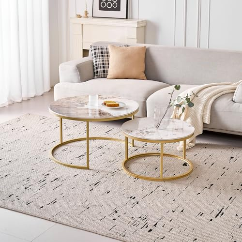 GrandCA HOME 2er-Set Runder Couchtische, Moderne Satztische für das Wohnzimmer, Goldener Metallrahmen, 50 cm und 70 cm Große Beistelltische, aus Pandora-Marmor-Sinterstein