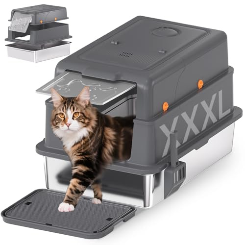 Homegroove XXXL Katzenklo Edelstahl mit Deckel, 70x50x45 Extra Großes Katzenklo mit Schaufel & Fußpedal, Geschlossenes Metall Katzenklo für Große Katzen & Mehrkatzenhaushalte, Anti-Auslauf (Grau)