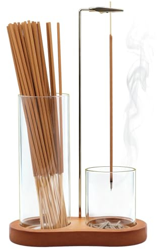 2-in-1 Incense Holder for Sticks, Incense Burner Holder with Glass Ash Catcher & Stick Storage, Bedroom House Yoga Meditation Zen Decor, Spa Gifts for Women, Unique Cozy Home Decor, Natural Wood