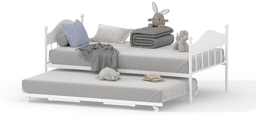 GarveeTech Twin Metal Daybed with Pop-Up Trundle, Heavy Duty Steel Slats Platform Bed with Stylish Headboard, Convertible Sofa Bed Frame for Living Room, Bedroom, or Guest Room, White