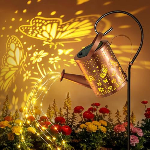 Ollny Solar Watering Can with Cascading Lights Outdoor Garden Ornaments | LED String Light Waterproof Dual Mode Hanging Lantern Outside Pathway Decor, Women Mum Grandma Birthday Gifts (Butterfly)