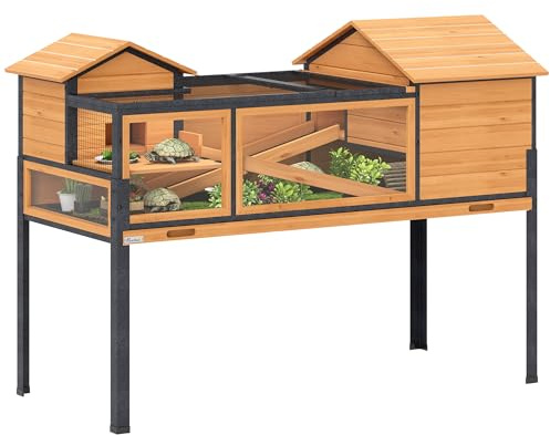 PawHut Maison pour Tortues, Habitat en Bois à 2 étages avec 2 Chambres, enclos intérieur extérieur avec rampes, Toit ouvrable et Plateau, Grande Cage pour Reptiles, 128x63x96cm, Jaune | Enclos Intérieur Extérieur, Rampes, Toit Ouvrable, Plateau, Grande Cage pour Reptiles