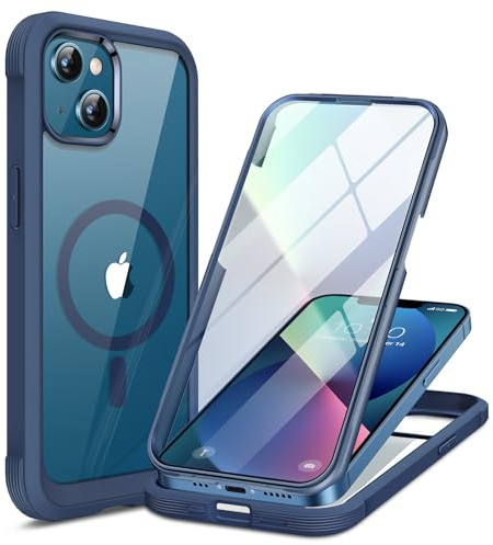 Miracase Magnetic for iPhone 13 mini Case, Full Body Protection, Dark Blue | [Built-in 9H Tempered Glass Screen Protector] Compatible with MagSafe, Military Grade Drop Proof with Clear Back Cover 5.4
