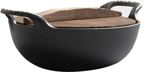 Pssopp Gusseiserne Bratpfanne, Woks und Bratpfannen, Kochgeschirr mit Doppelgriff und Holzdeckel für Induktions-Gasherd. Gusseiserne Bratpfanne, Traditionelle Wok-Pfanne mit Antihaftbeschichtung