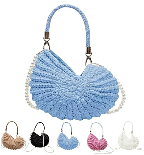 Generisch Borsa a tracolla fatta a mano all'uncinetto da donna, stile bohémien, con perline, borsa a mano con accenti di perle, portafoglio a conchiglia all'uncinetto per pochette bianca, per