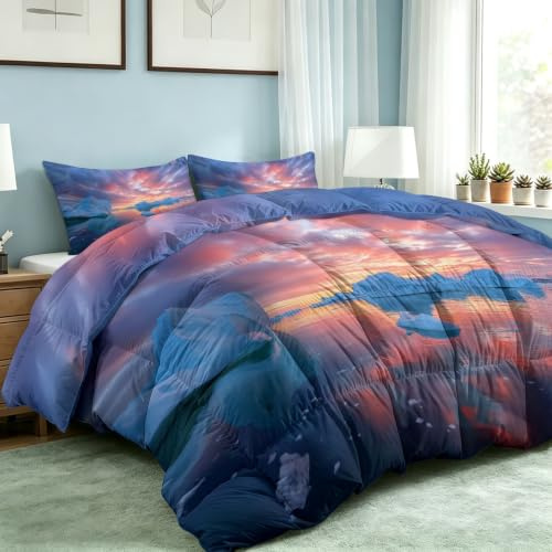 Påslakan utan överdrag 200 x 200 cm solnedgång, glaciärt oceanmönster | Varmt 4 säsonger täcke, allergisk lätt året runt-filt, skyline, maritim, fotografi sovtäcke med 2 örngott