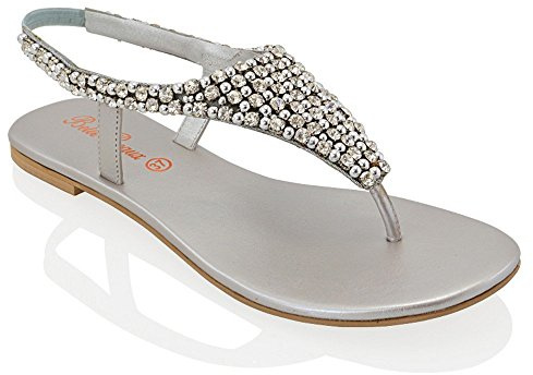 ESSEX GLAM LADIES FLAT DIAMANTE TOE POST WOMENS PEARL HOLIDAY DRESSY PARTY SANDALS SIZE 3-8 (UK 7 / EU 40, SILVER)