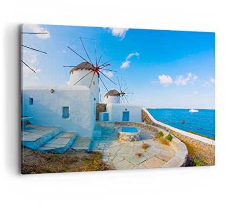 Bilder auf Leinwand 100x70cm Leinwandbild Griechenland Insel Küste Haus Groß Wanddeko Bild Schlafzimmer Küche Deko Wandbilder Dekoration Wohnzimmer Wall Decor Canvas Wand Kunstdruck Art AA100x70-2424