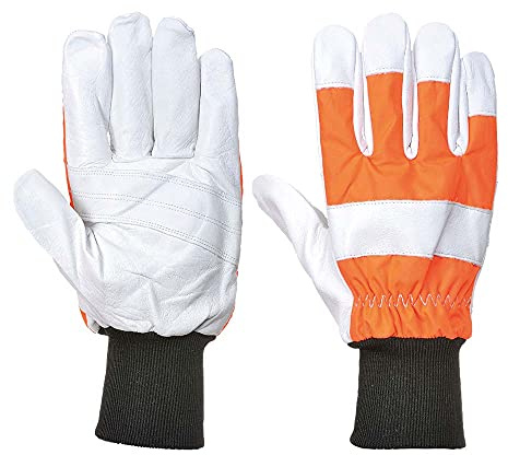 Portwest A290 Kettensägen-Schutzhandschuh Polyester Vollnarbenleder Bau | Orange, XL, EN 388 (3123X), EN 381-7 Klasse 0, EN ISO 21420 Fingerfertigkeit 5, Strickbündchen, Bau