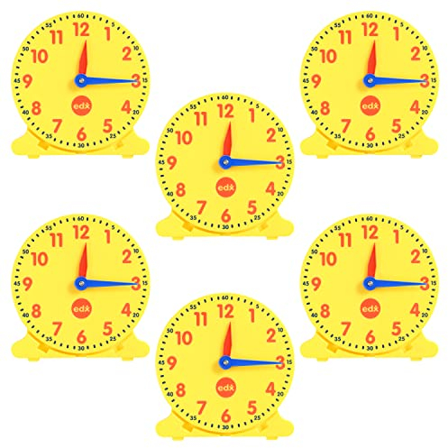 edxeducation Schüleruhren - 6er-Set - Uhren für Kinder zum Erlernen der Uhrzeit - Analoge Uhren mit beweglichen Zeigern zum Erlernen von Minuten und Stunden