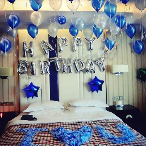 iPartycool 50Pcs Happy Birthday Balloons Kit, with Premium Reusable Aluminum Foil Letter Banner, Big Star, Latex Balloons, Rose petal and Accessories, for Birthday Decorations, White Silver Blue