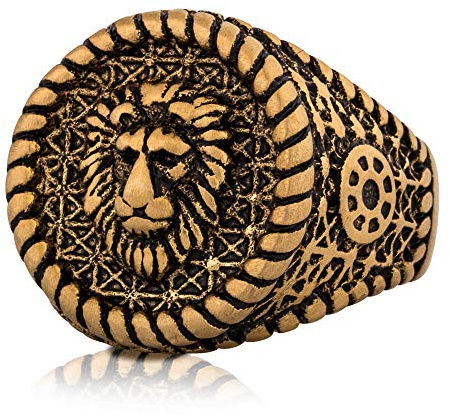 Akitsune Imperator Ring | Design-Ring Frauen Herren Edelstahl Groß Löwe König Siegel - Gold - US 8