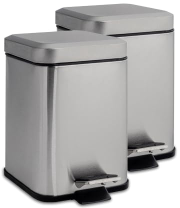 Harbour Housewares 3L Bathroom Bins - Brushed - Pack of 2 - Square Stainless Steel Pedal Bin Slim Kitchen Rubbish Trash Can Garbage Dustbin with Lid and Inner Liner Bucket