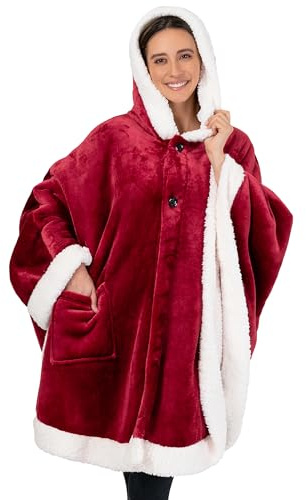 PAVILIA Coperta indossabile per donne adulte, comoda coperta in pile con cappuccio, scialle super morbida, coperta avvolgente con angelo, per ufficio, rosso vino