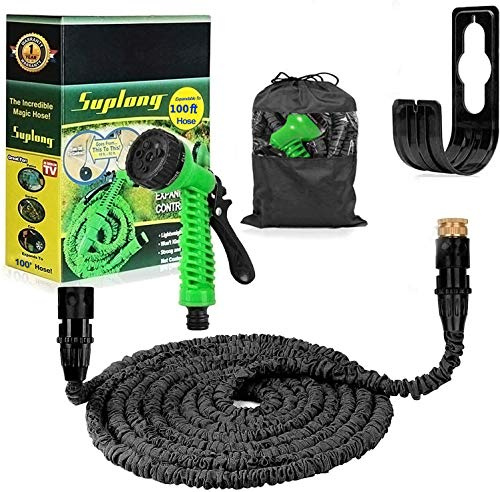 Suplong Expandable Garden Hose 100ft,Expanding Hose Pipe with 1/2,3/4 Fittings,Lightweight Flexible Garden Hose with 7 Function Spray Nozzle(Black-100)