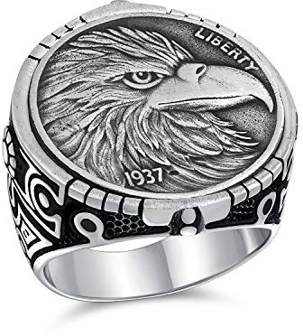 Personalisieren Sie Die Aussage Patriotic USA Bird American Symbol Novelty Boho Fantasy Liberty 1937 Eagle Head Coin Ring Für Männer Oxidiertes .925 Sterling Silber Anpassbar