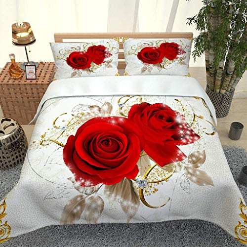 courti Bettwäsche 240x220cm mit 2 Kissenbezügen 50x75cm Kreative rote Rose 3D Microfaser Bettbezug Set weiche Flauschige Bettbezug Set 3 Teilig mit Reißverschluss