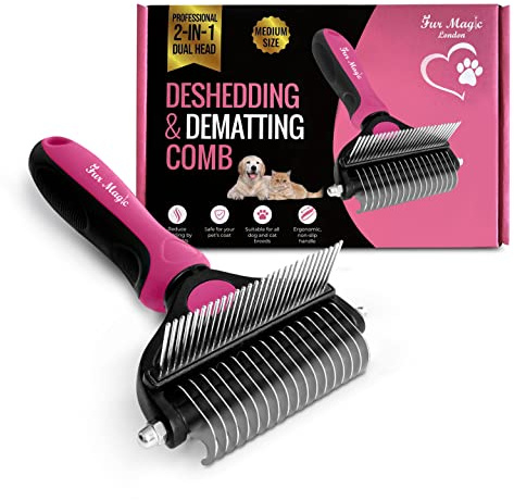 Fur Magic Deshedding & Dematting Comb, Grooming Brush 2-in-1 Undercoat Rake | Medium Pink, for dogs and cats with long and medium hair, reduces shedding, removes mats and tangles, safe and skin-friendly