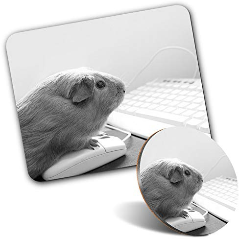 Rectangle Mouse Mat & Round Coaster Set - Computer Geek Guinea Pig Pet 20 cm & 9 cm for Computer & Laptop, Office, Gift, Non-slip Base #44696