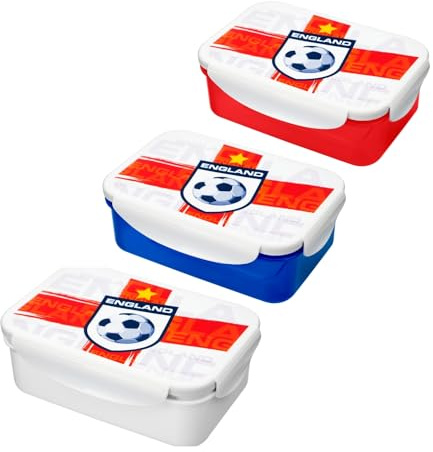 HOMESHOPA Plastic Lunch Box, 1500ml 3 Pack Red/Blue/White Clip & Lock Airtight Food Storage Containers, England Football Print BPA Free Leakproof Reusable Sandwich Boxes