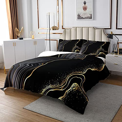 Homewish Marmor Tagesdecke 240x260, Damen Bronzing Stone Muster Tagesdecke Abstrakte Kunst Leicht gesteppt Für Kinder Jungen Teens Schlafzimmer, Schwarz Gold Weiche Mikrofaser Tagesdecke 3 Stücke