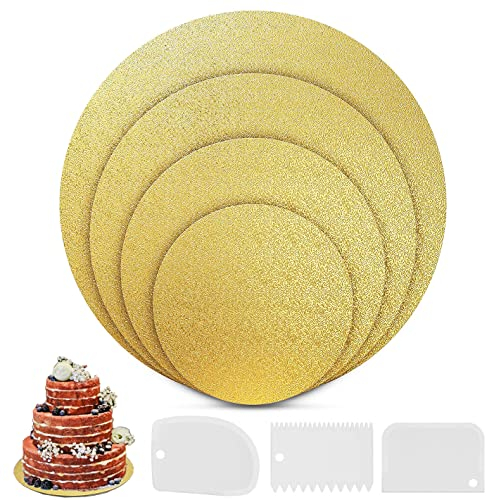 Nuyoah Cake Board Tortenunterlage Cakeboard Rund Ø15cm 20cm 25cm 30cm 4er Set Wiederverwendbar Torten Unterplatten für Transport für Transport Kuchen und Torten (Gold)