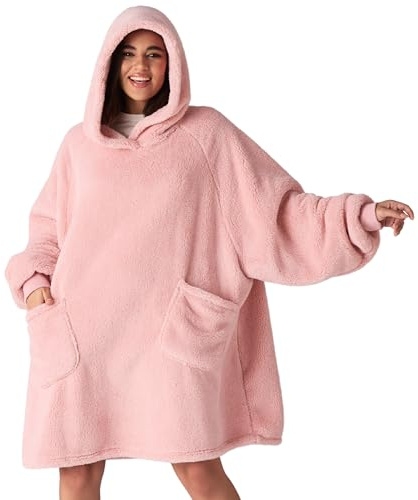 BEDSURE Hoodie Decke mit Ärmeln Rosa - 107x90cm | Weiche, Warme Kuscheldecke mit Ärmeln, Tragbar mit praktischen Taschen, ideal für Couch & Winter