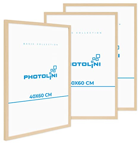 PHOTOLINI Cadres 40x60 bois MDF naturel, cadre 40x60 lot de 3 pour poster et affiches, cadre 40 x 60 verre acrylique incassable, cadre photo 60x40 à suspendre, avec accessoires supplémentaires