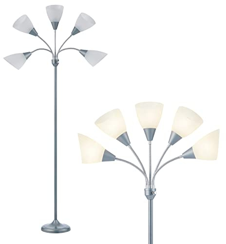 HonoDing Medusa Floor Lamps Standing Lamps 5 Heads Adjustable Reading Light Large Shade Use E26 A19 Bulb Floor Lamps for Living Room Bedroom (Silver)