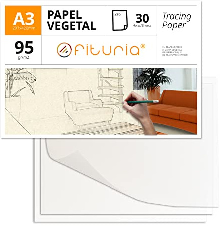 Papel Vegetal, Papel Vegetal A3 de Superficie Satinada, 15 Hojas de 95gr/m2, Papel de Calco Resistente para Dibujos Técnicos y Manualidades, Papel Libre de Ácido - Ofituria (30 Hojas)